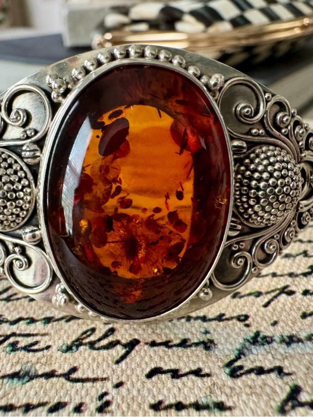 Suarti Balinese Amber Cabochon Silver Statement Bracelet- Deep Honey Amber